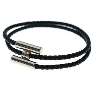Hermes Tourni Tresse Logo Noir Black Leather Bracelet Silver
